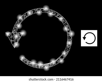 Una red brillante rota el icono de la CCW con puntos brillantes. Modelo iluminado hecho a partir del icono de rotar el vector de la CAC y de las líneas de cruce. El marco iluminado rota la CCW sobre un fondo negro.