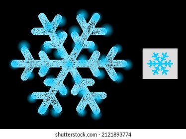 Helle Netto-Schneeflocke mit hellen Flecken auf schwarzem Hintergrund. Helle Vektorstruktur entsteht aus dem Piktogramm Schneeflocken mit unregelmäßigen Netzen und Lichtpunkten.