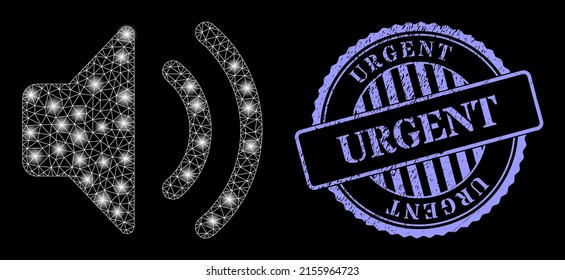 Bright net sound source with lightspots, and Urgent blue round unclean stamp seal. Vector frame created from sound source icon. Glowing frame polygonal sound source.