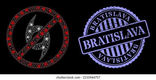 Bright net stop cyclone with glowing spots, and Bratislava blue round textured watermark. Vector frame based on stop cyclone icon. Glowing frame mesh stop cyclone.