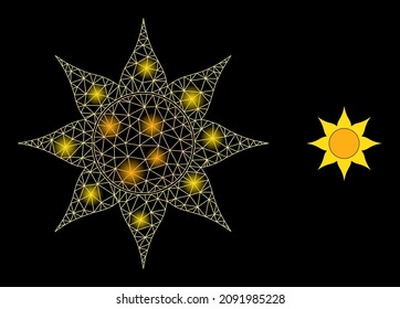 Bright net sun web icon with magic spots. Illuminated constellation is done using sun vector icon. Constellation carcass web polygonal sun, on a black background.