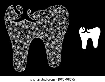 Bright net tooth caries with light spots. Linear frame 2D network generated with intersected white lines and tooth caries icon. White mesh and sparkle frame mesh tooth caries on a black background.