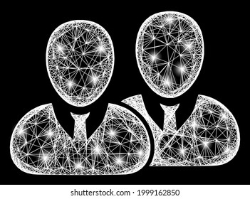 Bright net users carcass with light dots. Illuminated vector carcass created from users pictogram and crossing white lines. Sparkle carcass polygonal users, on a black backgound.