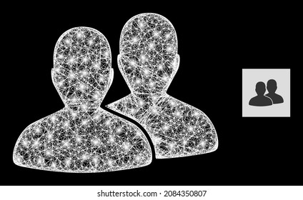 Bright net users icon with light spots on a black background. Bright vector constellation based on users icon, with intersected net and scattered lightspots.