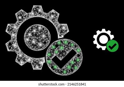 Bright net valid gear with light spots. Wire frame flat mesh generated with crossed white lines and valid gear icon. White mesh and sparkle frame mesh valid gear on a black background.