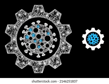 Engranajes de virus de la red brillante con focos de luz. Malla plana del bastidor del cable generada a partir de líneas blancas cruzadas e icono de la transmisión de virus. Engranajes de malla blanca y de malla de marco brillante en un fondo negro.