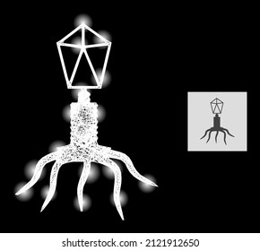 Virus de la red brillante con manchas brillantes en un fondo negro. Estructura vectorial de luz creada a partir del icono del virus, con red rayada y puntos de luz.