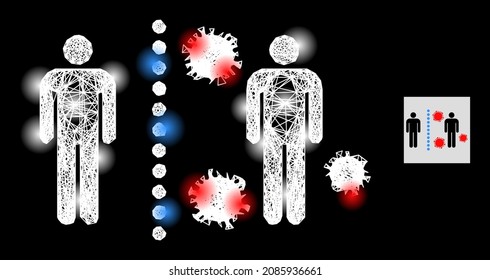 Bright net virus shield wall icon with glowing spots and white mesh on a black background. Bright vector constellation based on virus shield wall icon, with linear white mesh and random lightspots.