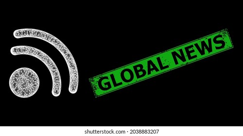 Bright net wireless internet point frame with bright dots, and green rectangular textured Global News badge.