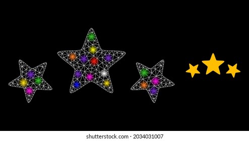 Red brillante 3 estrellas icono de la constelación de tarifas con focos luminosos. Constelación vectorial iluminada basada en pictograma de tasa de 3 estrellas. Carcasa espumosa de tres estrellas poligonales de color negro.