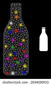 Bright network beer bottle constellation icon with light spots. Illuminated vector model based on beer bottle glyph. Sparkle frame polygonal beer bottle on a black background.