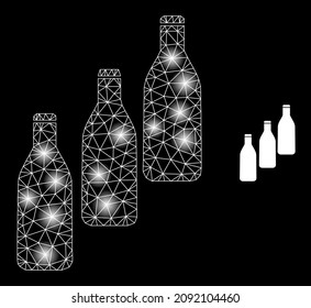 Bright network beer bottles web icon with glossy spots. Illuminated model is done from beer bottles vector icon. Illuminated carcass web polygonal beer bottles, on a black background.