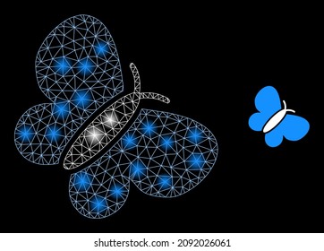 Bright network butterfly web icon with glowing light spots. Illuminated model created from butterfly vector icon. Illuminated carcass web polygonal butterfly, on a black background.