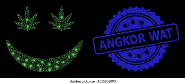 Sonrisa de cannabis de la red brillante con puntos claros y sello de timbre sucio de Angkor Wat. El sello azul tiene la etiqueta Angkor Wat dentro de la roseta. Constelación vectorial iluminada creada a partir del icono de sonrisa de cannabis.