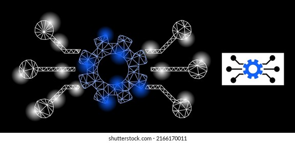 Icono luminado del circuito de la red con focos luminosos. Modelo vectorial iluminado basado en el icono del engranaje de circuito. Circuito de la malla del bastidor de la espuma en un fondo negro.