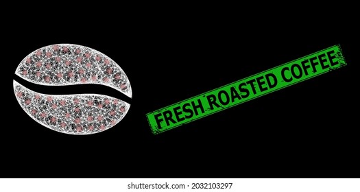 Bright network coffee bean framework with glowing spots, and green rectangular unclean Fresh Roasted Coffee seal imitation.