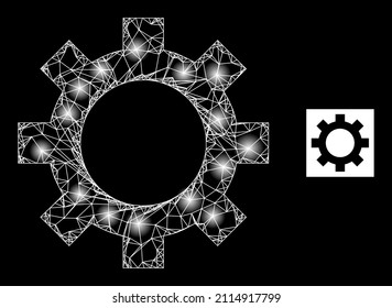 Bright network cog icon with sparkle spots. Illuminated constellation is generated using cog vector icon and crossed lines. Sparkle frame cog, on a black background.