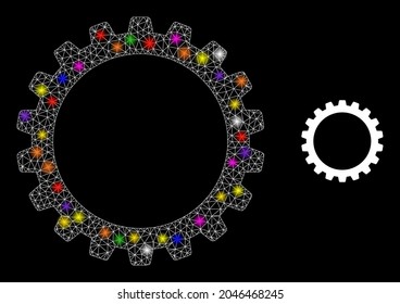 Bright network cogwheel constellation icon with lightspots. Illuminated vector constellation is created from cogwheel icon. Sparkle carcass polygonal cogwheel on a black background.