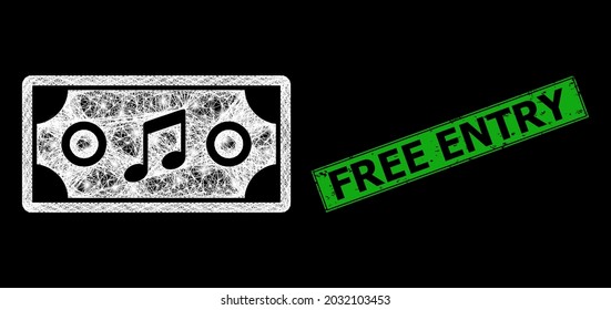 Bright network concert ticket framework with bright dots, and green rectangle dirty Free Entry stamp. Illuminated vector frame created from concert ticket symbol and intersected white lines.