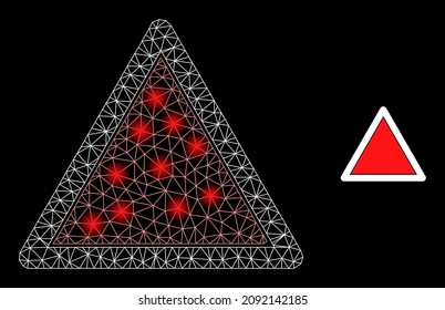 Icono web de la plantilla triangular de peligro de red brillante con puntos iluminados. El modelo iluminado se genera a partir del icono vector de la plantilla de triángulo de peligro. plantilla de triángulo de peligro poligonal de la red de marco de esparcido,