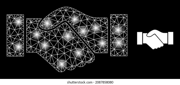Bright network deal handshake web icon with majestic light spots. Illuminated model is generated from deal handshake vector icon. Illuminated carcass web polygonal deal handshake,