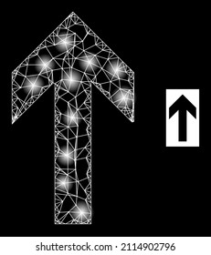 Bright network up direction icon with illuminated spots. Illuminated model is generated using up direction vector icon and crossed lines. Bright frame up direction, on a black background.