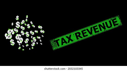 Bright network dollar symbols frame with flash nodes, and green rectangle unclean Tax Revenue badge. Constellation vector carcass created from dollar symbols pictogram and intersected white lines.