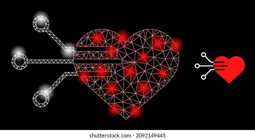 Bright network electric heart web icon with illuminated light spots. Illuminated constellation is done from electric heart vector icon. Constellation carcass web polygonal electric heart,