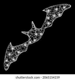 Bright network flying bat with glowing spots. Vector carcass generated from flying bat icon, and with crossed lines. Bright carcass mesh flying bat on a black background.