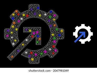 Bright network gear integration constellation icon with light spots. Illuminated vector constellation based on gear integration picture. Sparkle carcass mesh gear integration on a black background.