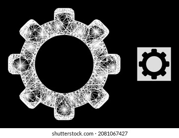 Engranaje de red brillante con focos en un fondo negro. Estructura vectorial de luz basada en el símbolo del engranaje, con red rayada y puntos de luz.