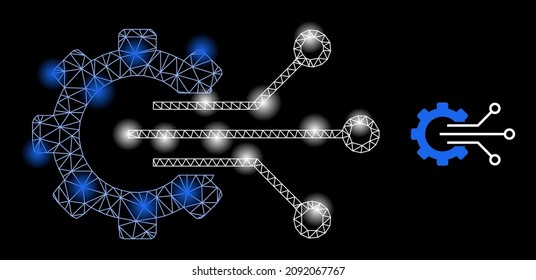 Bright network gear sensor web icon with illuminated light spots. Illuminated constellation is created from gear sensor vector icon. Illuminated frame web polygonal gear sensor, on a black background.