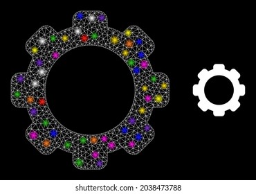 Bright network gearwheel glare icon with lightspots. Illuminated vector constellation based on gearwheel icon. Sparkle frame mesh gearwheel on a black background.