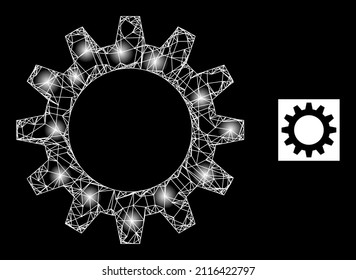 Bright network gearwheel icon with sparkle spots. Illuminated model is created using gearwheel vector icon and intersected lines. Sparkle carcass gearwheel, on a black background.