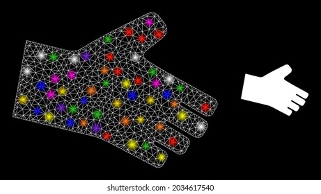 Icono de la constelación de la mano de la red brillante con focos luminosos. Constelación vectorial iluminada basada en un icono de mano. Marco esparcido mano poligonal sobre un fondo negro.