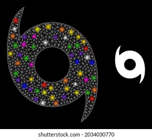 Bright network hurricane constellation icon with light spots. Illuminated vector constellation based on hurricane pictogram. Sparkle frame polygonal hurricane on a black background.