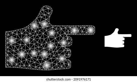 Bright network index finger web icon with bright light spots. Illuminated constellation created from index finger vector icon. Bright carcass web polygonal index finger, on a black background.