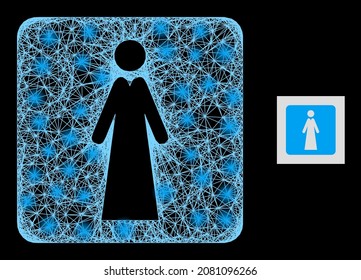 Bright network lady with light spots on a black background. Light vector structure based on lady pictogram, with intersected mesh and light spots.