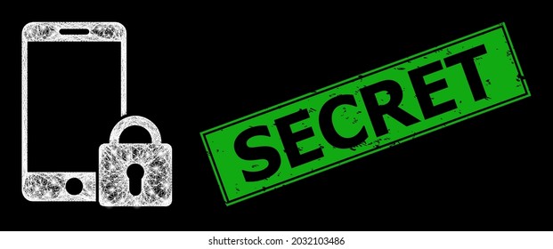 Bright network locked smartphone frame with lightspots, and green rectangle unclean Secret seal imitation. Constellation vector model created from locked smartphone pictogram and crossing white lines.