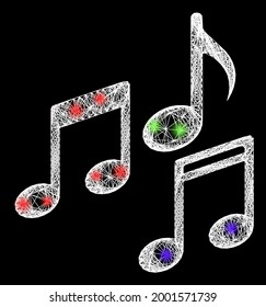 Bright network melody notes wireframe with bright dots. Illuminated vector mesh created from melody notes symbol and crossing white lines. Sparkle frame mesh melody notes, on a black backgound.