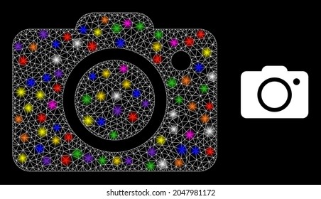 Bright network photo camera constellation icon with lightspots. Illuminated vector constellation based on photo camera icon. Sparkle frame mesh photo camera on a black background.