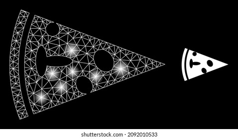 Bright network pizza piece web icon with illuminated spots. Illuminated constellation is done using pizza piece vector icon. Constellation frame web polygonal pizza piece, on a black background.