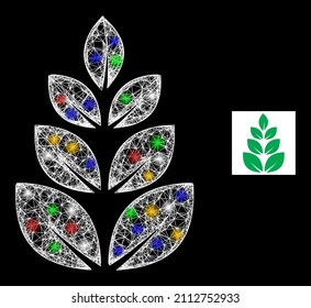 Bright network plantation with colored bright dots. Illuminated vector frame created from plantation symbol. Sparkle frame mesh plantation, on a black backgound.