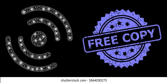 Bright network propeller rotation with glowing spots, and Free Copy unclean ribbon stamp. Blue stamp seal has Free Copy tag inside rosette.