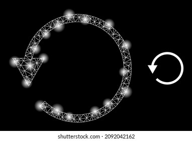 Una red brillante rota el icono web de la CCW con puntos iluminados. Modelo iluminado generado usando el icono de rotar vector de la CCW. El marco luminoso de la red de rotación poligonal rota la CCW, sobre un fondo negro.