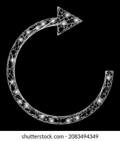 La red brillante rota la flecha derecha con puntos brillantes. Modelo vectorial basado en el icono de flecha derecha de rotación y con líneas cruzadas. La malla de marco brillante rota la flecha derecha sobre un fondo negro.