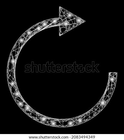 Bright network rotate right arrow with glowing spots. Vector model based on rotate right arrow icon, and with crossed lines. Bright frame mesh rotate right arrow on a black background.