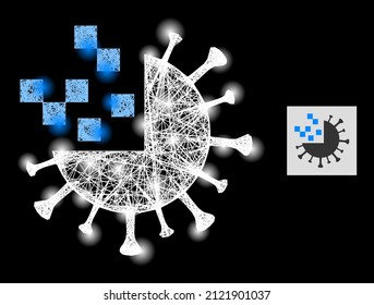 Bright network synthetic virus with light spots on a black background. Illuminated vector structure based on synthetic virus glyph, with intersected net and light spots.