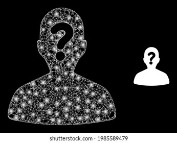 Red brillante de cuerpo desconocido con puntos brillantes. Red 2D de marco lineal generada a partir del cruce de líneas blancas e icono de cuerpo desconocido. Malla blanca y malla de marco brillante cuerpo desconocido sobre fondo negro.