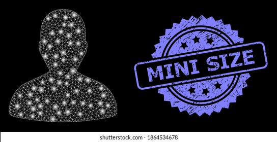 Bright network user with lightspots, and Mini Size scratched ribbon seal. Blue seal has Mini Size title inside rosette. Illuminated vector constellation created from user icon.
